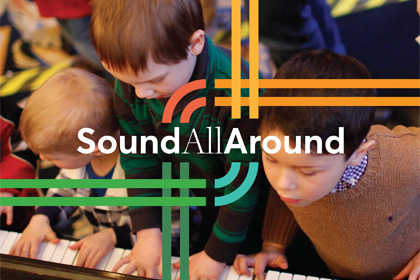Sound All Around text over an image of children playing the piano.